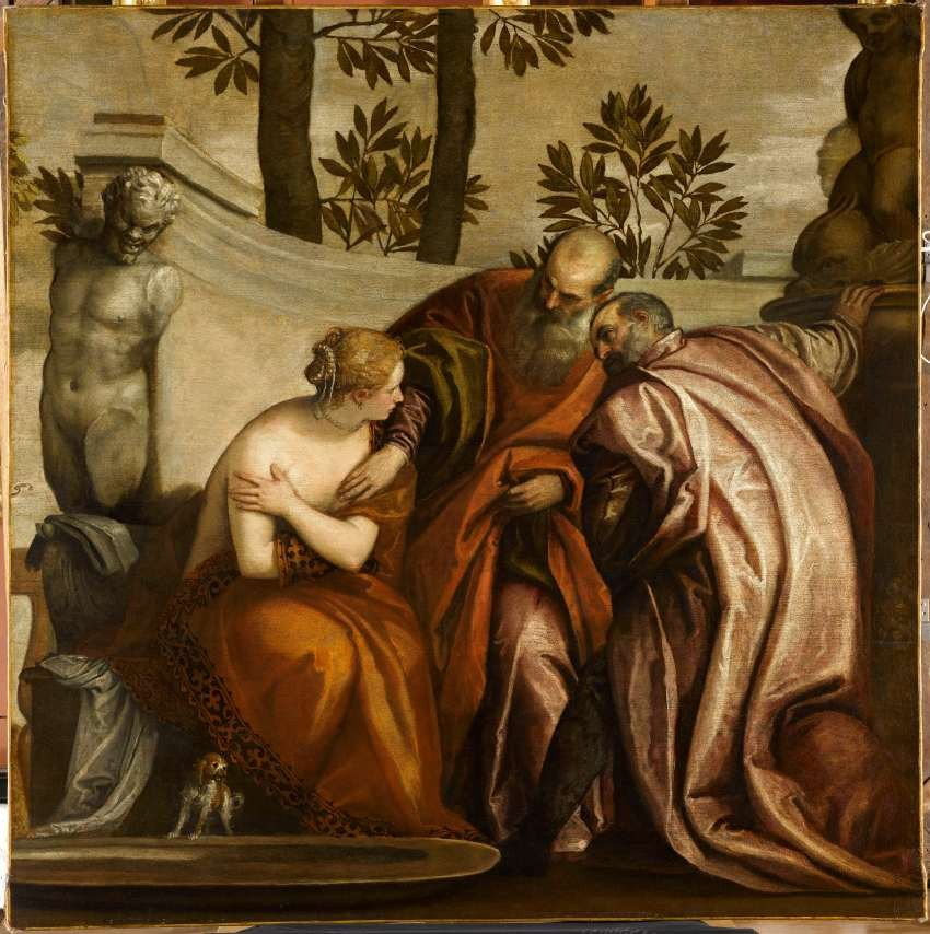 Paolo Caliari, dit V&eacute;ron&egrave;se, Suzanne et les vieillards, 4e quart du XVIe si&egrave;cle, huile sur toile, 198 &times; 198 cm, Paris, mus&eacute;e du Louvre [hors exposition]. &copy; GrandPalaisRmn (mus&eacute;e du Louvre)/G&eacute;rard Blot