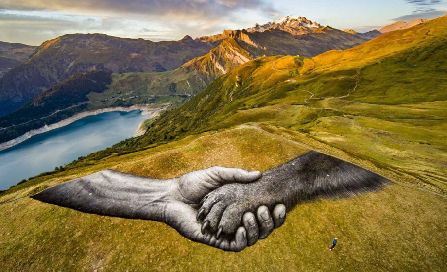Saype réalise une fresque géante de 2000 m² sur l'herbe des sommets pour Brad Pitt