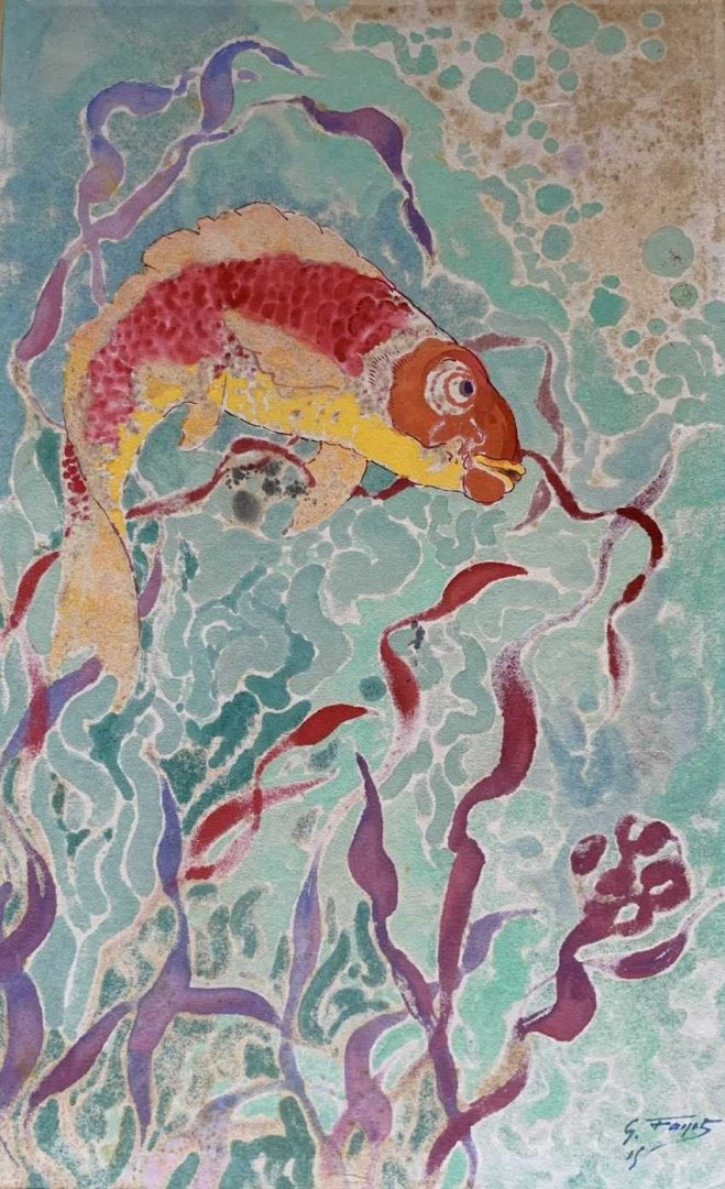 Gustave Fayet, Poisson et fond marin, entre 1912 et 1925, aquarelle sur papier buvard, 62 x 28 cm, coll. part. © Musée d’Art Gustave Fayet à Fontfroide (MAGFF)