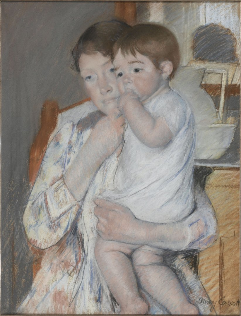 Mary Cassatt, Femme et enfant devant une tablette où sont posés un broc et une cuvette, 1889, pastel sur papier beige collé sur châssis entoilé, 65 x 50 cm, Paris, musée d’Orsay. © GrandPalaisRmn (musée d'Orsay) / Hervé Lewandowski.
