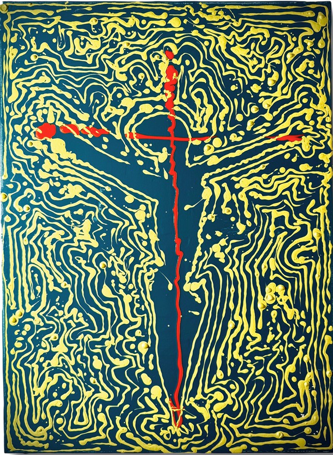 Don de soi, Julien Vigouroux (VGX), 2026 : silhouette du Christ vue de dos, croix rouge-orangé sur fond bleu-vert parcouru de lignes jaunes