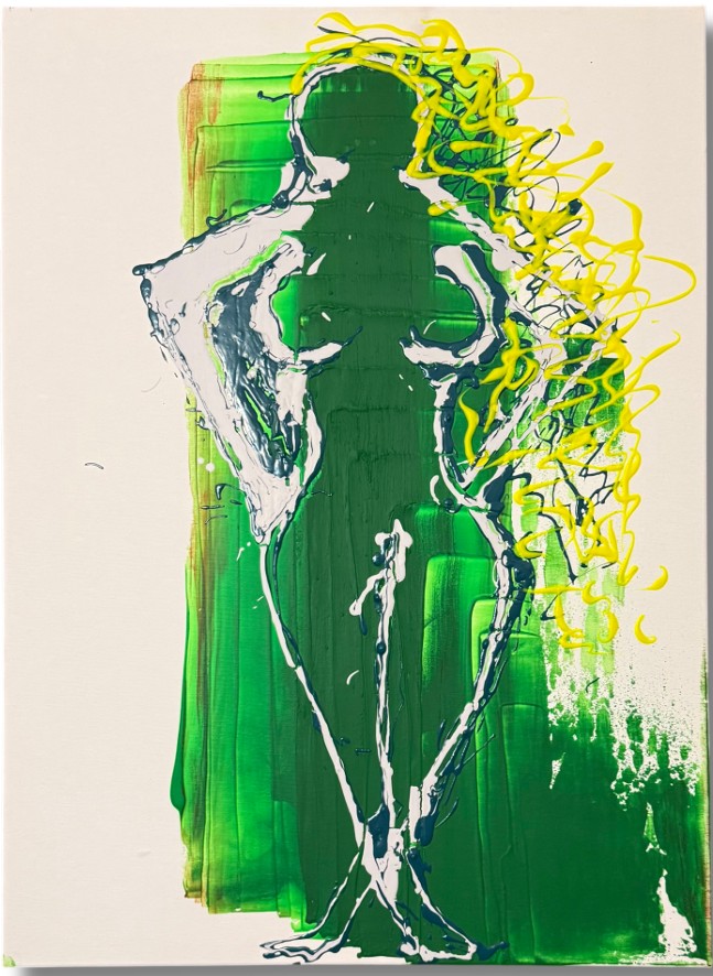 Femme Amour, Julien Vigouroux (VGX), 2026 : silhouette féminine verte cernée de blanc, lignes jaunes sur fond crème