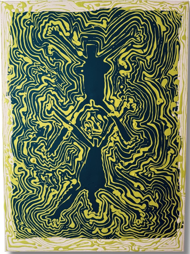 Homme Femme, Julien Vigouroux (VGX), 2026 : deux silhouettes sombres se rejoignant au centre, entourées de lignes jaune-vert