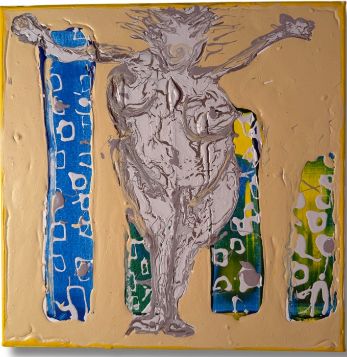 L’Amérique, Julien Vigouroux (VGX), 2026 : figure grise massive aux bras écartés, inspirée de la Statue de la Liberté, sur fond beige et bandes colorées