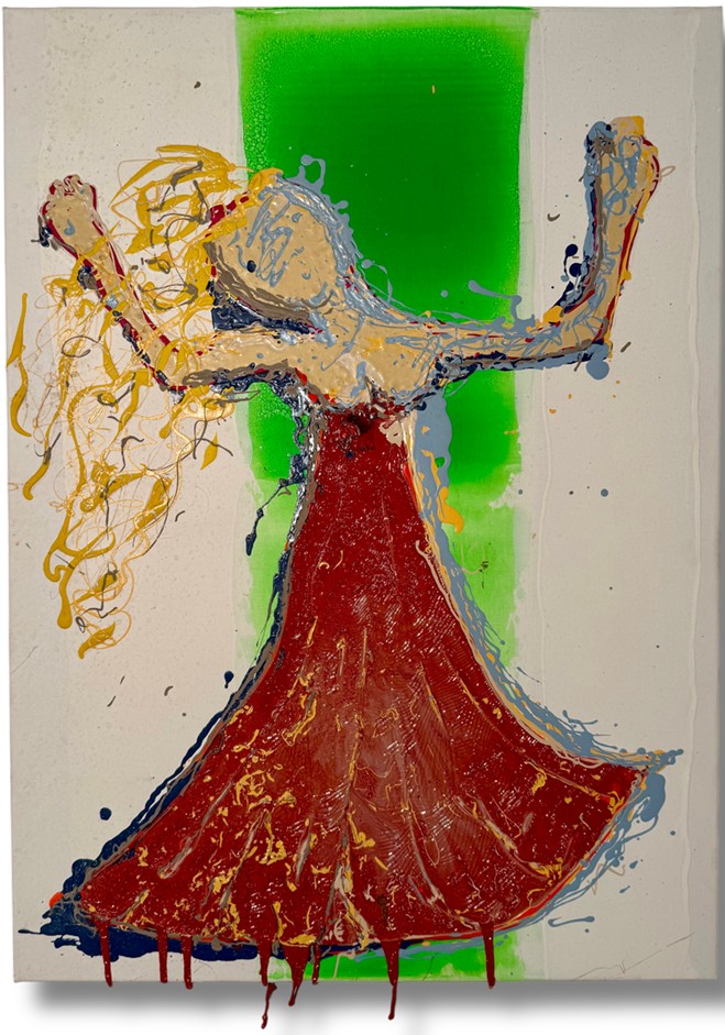 Trance en Dance, Julien Vigouroux (VGX), 2026 : danseuse en robe rouge, bras levés, devant une bande verte, coulures sous la toile