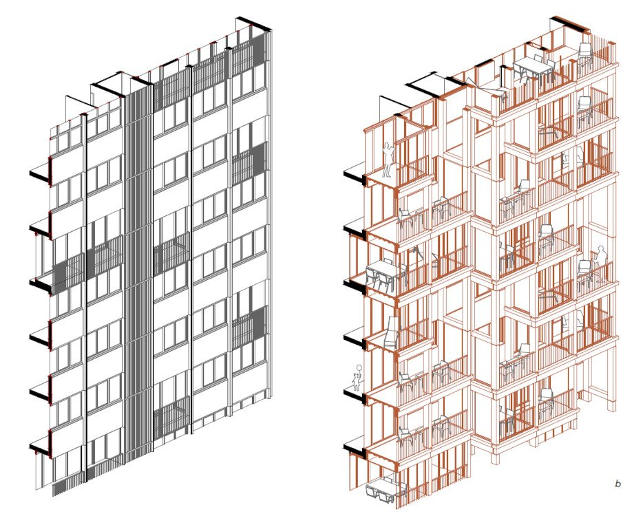 Axonométrie avant-après de la façade des tours Cités 