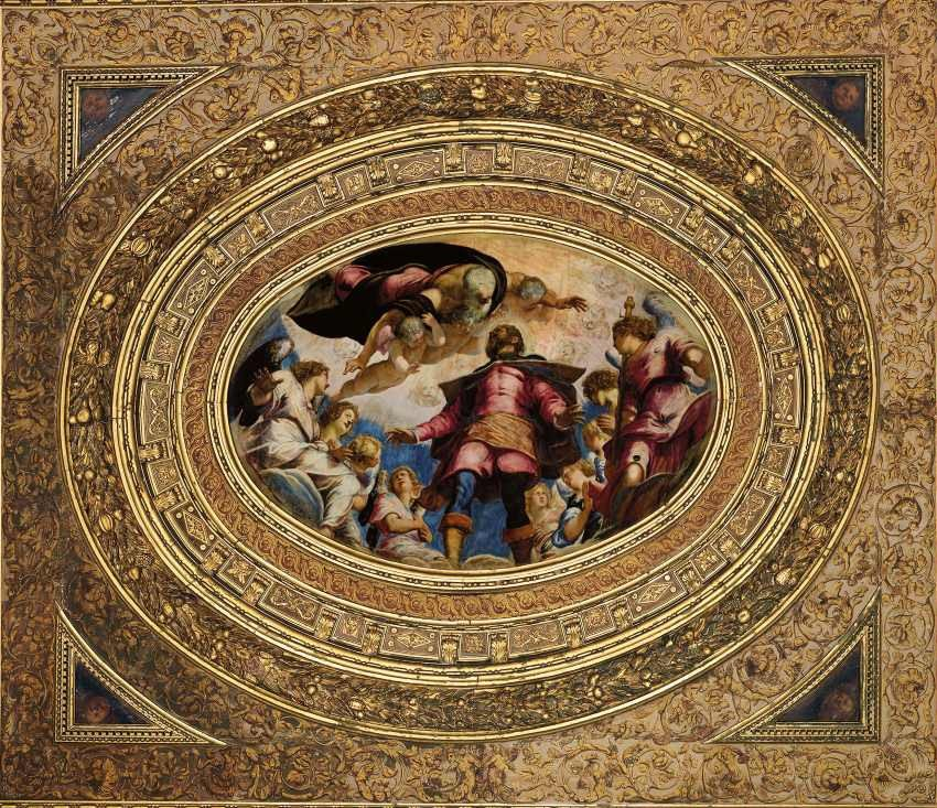 Saint Roch en gloire, 1564, huile sur toile, 240 × 360 cm, Venise, Scuola Grande di S. Rocco, Sala dell’Albergo, plafond [hors exposition].
